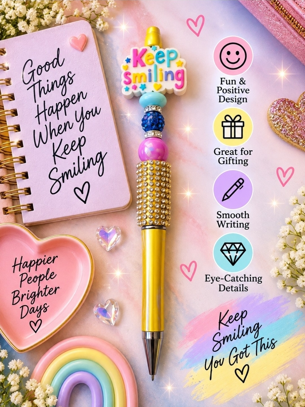 Keep Smiling Gold Decorative Kids Pen - Pink & Blue Accent